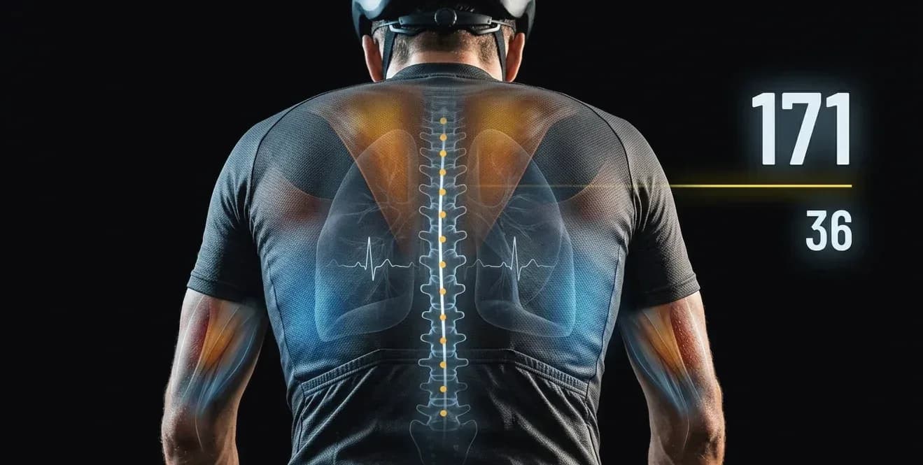Ciclista de espaldas con una superposición anatómica: columna, pulmones y frecuencia cardiaca